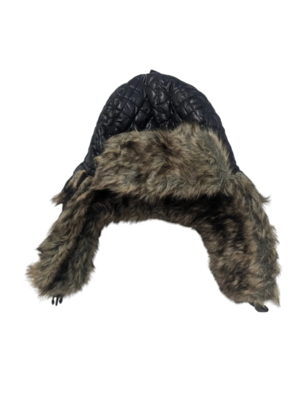 POP Headwear Quilted Trapper Hat Black Faux Fur Ear Flaps One Size